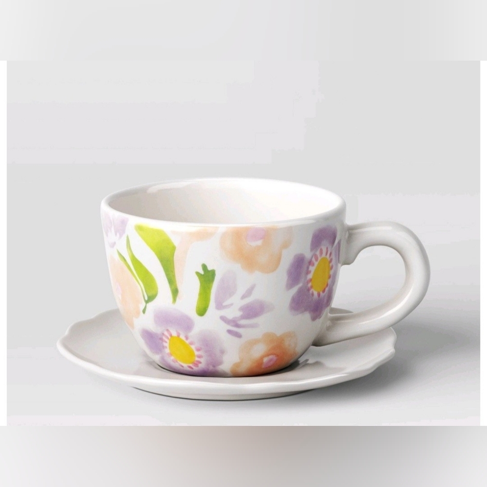 New 10 fl oz Stoneware Peek-a-Boo Bunny with Floral Tea Cup and Saucer Plate Set
